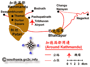 加德滿都谷地景點位置示意圖